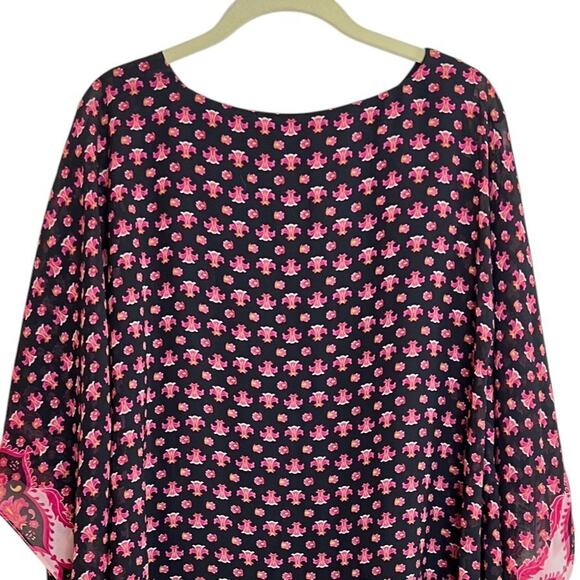 JM Collection Womens Poncho Top Large Black Pink Floral Boho Sheer Scarf Hem - Picture 2 of 6